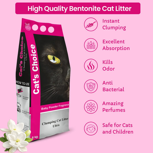 Cat's Choice Baby Powder Clumping Cat Litter Sand 5kg | Dark Brown Bentonite Clay | Instant Clumping & Strong Odour Control | Pack of 1 & Pack of 2
